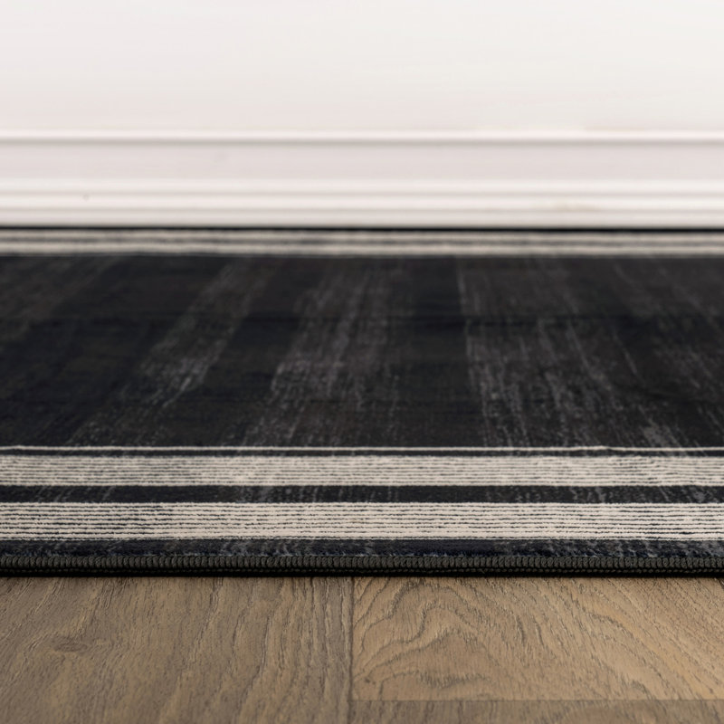 Tapis noir antidérapant à bordure rayée lavable à la machine, 5 pi x 7 pi