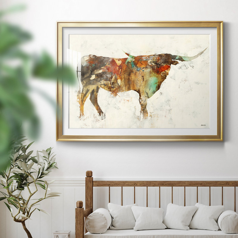 " Long Horn ", Gold Framed Paper, 30.5" H x 42.5" W x 1.5" D