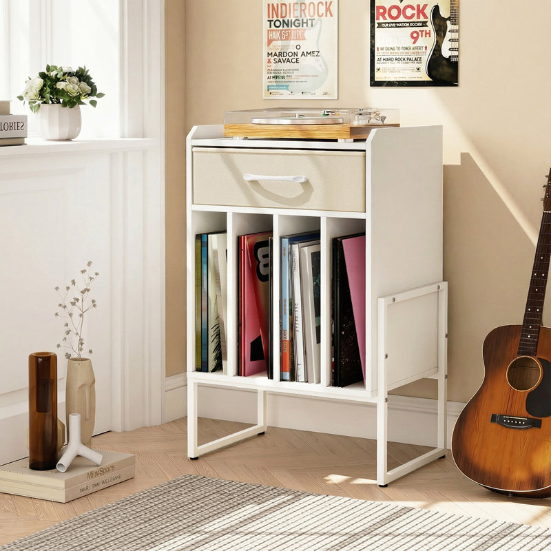 Record Player Stand Turntable Stand with Drawer & Record Holder Display Shelf, White