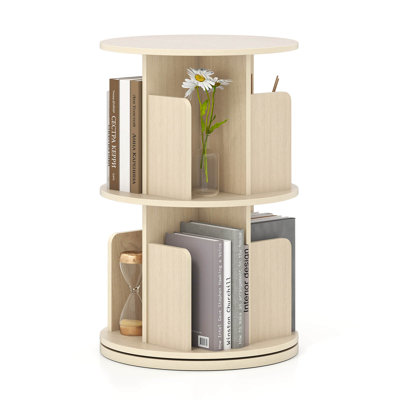 1 PCS 2-Tier Rotating Bookshelf 360° Display Rack with Dividers & Anti-falling Baffles Natural