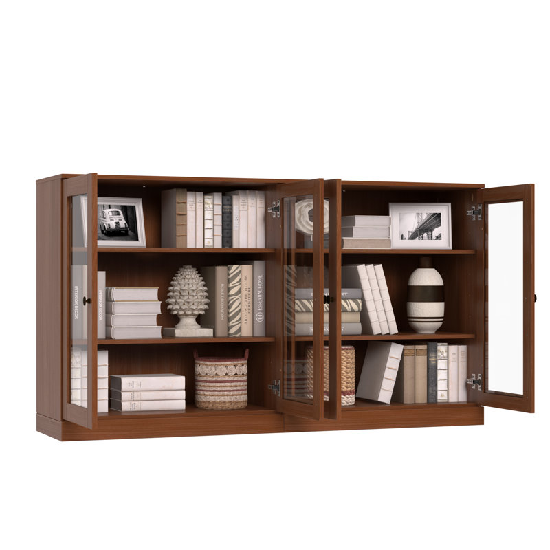 Buffet 100% bois massif 64 "avec portes en verre transparent et tablettes réglables, Moka
