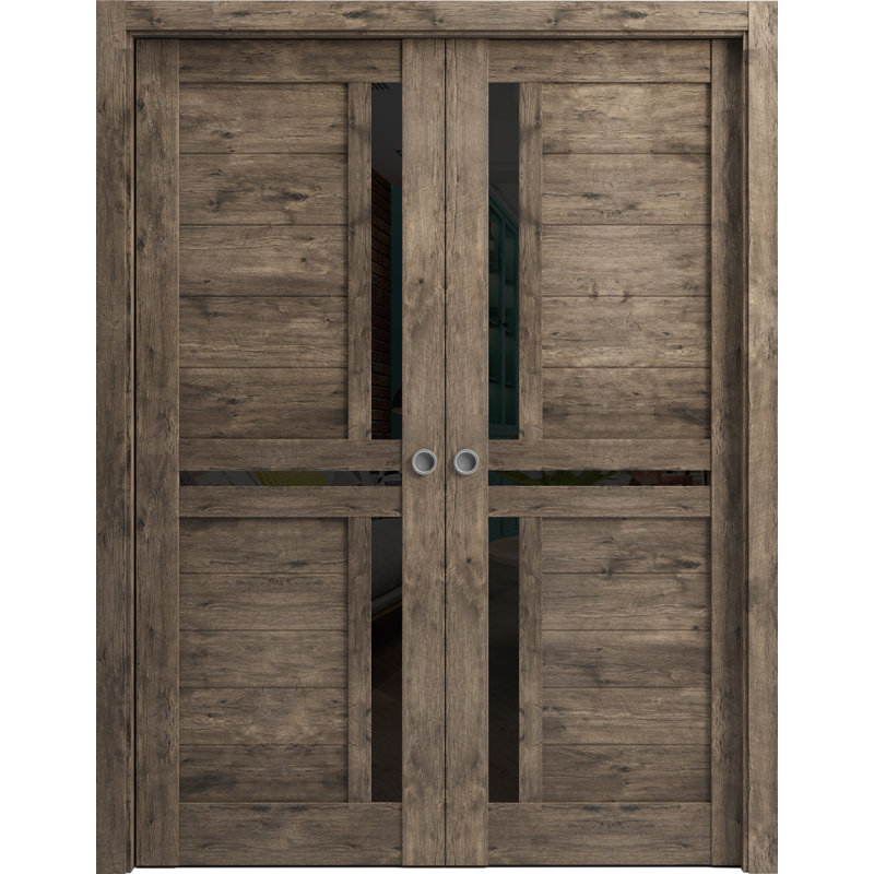 Portes coulissantes françaises à double poche | Chêne cognac Veregio 7588 avec verre noir | Kit de garniture de quincaillerie de rail | Portes robustes intérieures en bois massif pour chambre à coucher