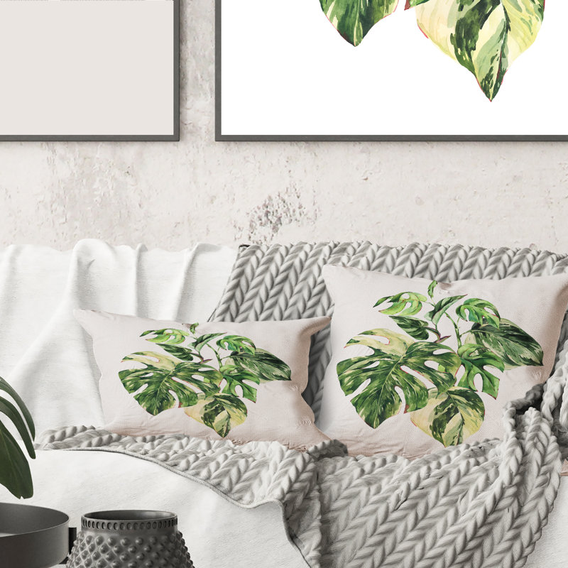 Carré, feuilles vertes tropicales en été I - Coussin décoratif imprimé tropical, 18" x 18"