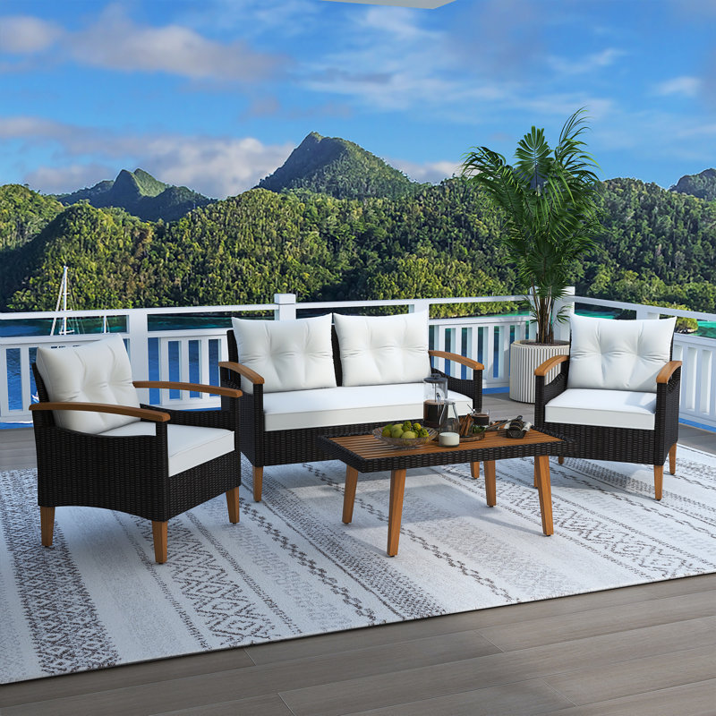 ENSEMBLE DE SIÈGE DE 4 PIÈCES EN PATIO DE PETIT DE PETIT RATTAN PETIT, Beige