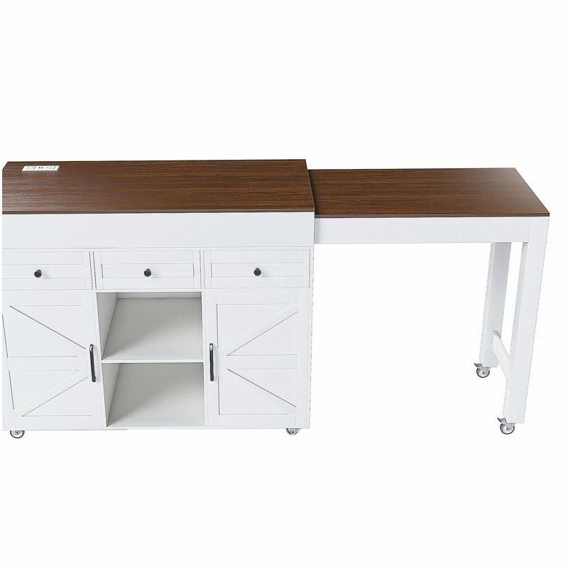 74.8" Kitchen Island with Extendable Dining Table & Power Outlet - Rolling Storage Cart on Wheels with 3 Drawers & 2 Door Cabinet for Dining Room, White