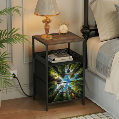 Nightstand with Charging Station, 2 Drawer Bedside Table with USB Ports and Outlets, Open Shelf, Black Night Stand for Bedroom Living Room Looking Up Green Trees Against Blue Sky Clouds Print