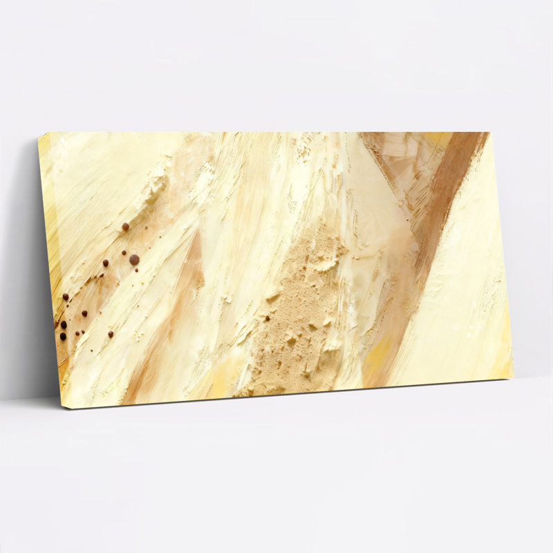 Ensemble de 1 tableau abstrait doré et beige à coups de pinceau sur toile tendue, H 20 po x l 40 po