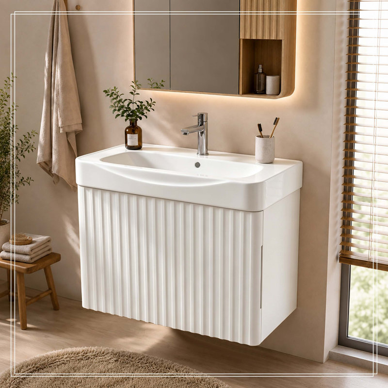 Single Bathroom Vanity with Ceramic Top, Blanc