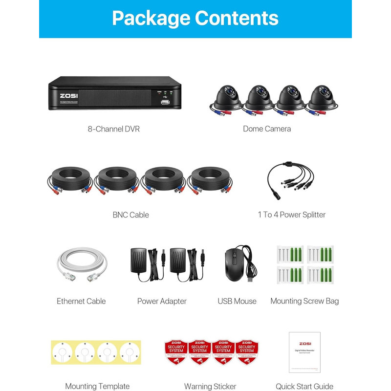 Système de caméra de sécurité 8CH DVR avec caméra extérieure dôme filaire 1 080 P, IP66, vision nocturne 80 pi