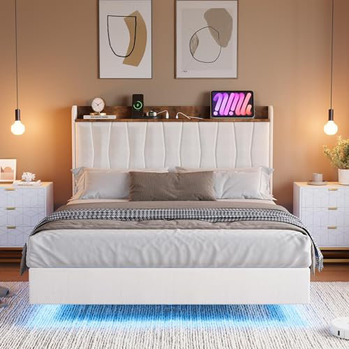 Floating Bed Frame with Storage Headboard,Upholstered Platform Bed with LED Ambient Lighting & Built-in Charging Station