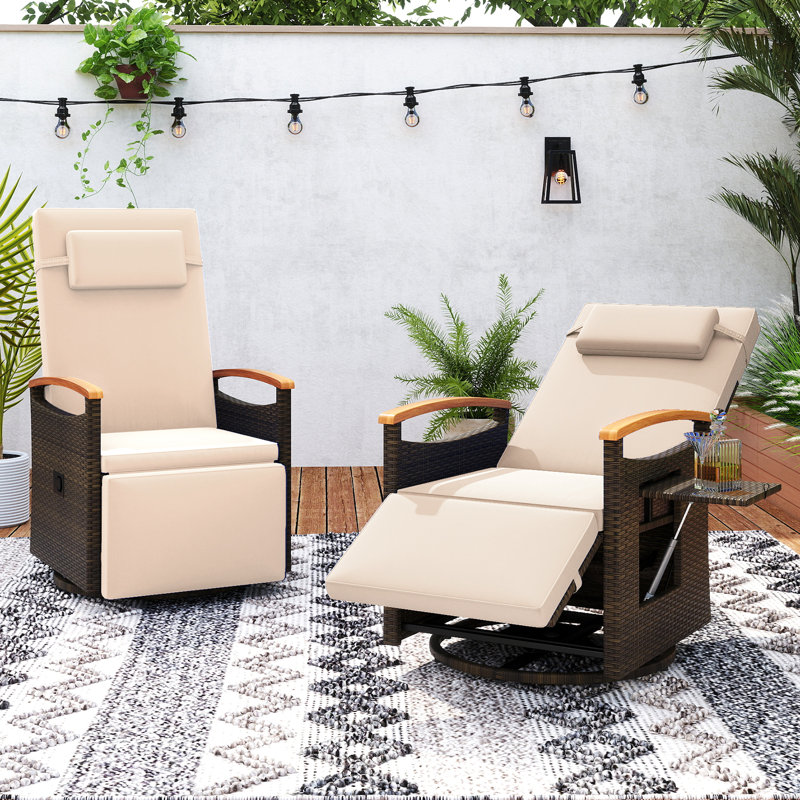 2PCS Outdoor 360° Swivel Rattan Recliner Chair Patio Wicker Chaise Lounge Chair Beige, Beige