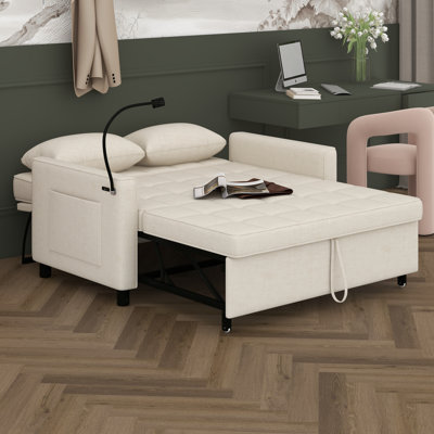 Canapé-lit coulissant avec dossier réversible, poches latérales et deux coussins décoratifs, causeuse en chenille avec ports USB et support pour téléphone