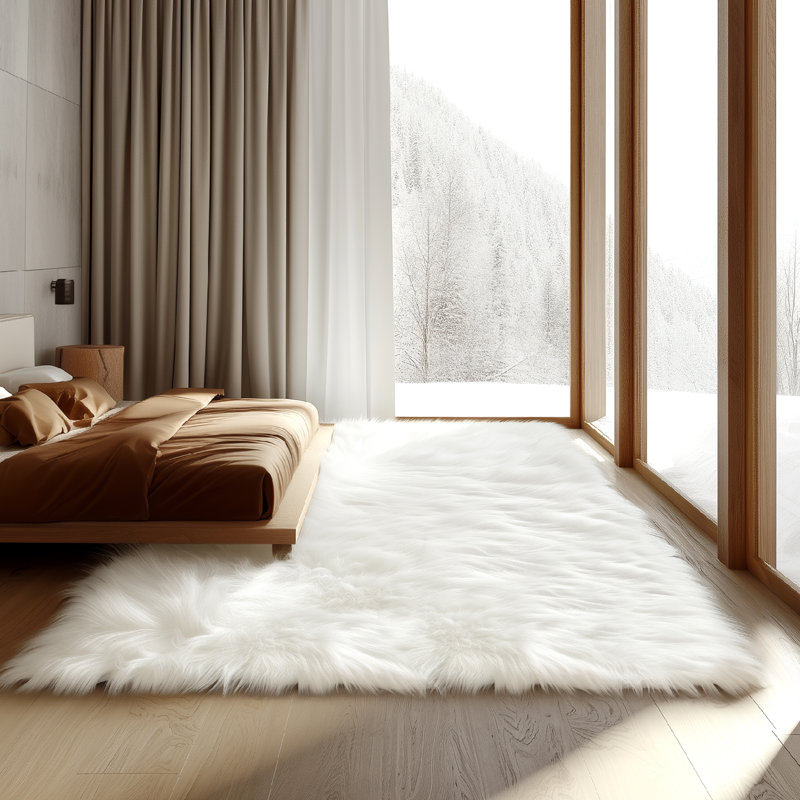 Mozza Natural White Faux Sheepskin Fur Fluffy Shag Area Rug, Rectangle 9' x 12'