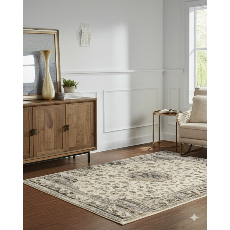Tapis de style oriental traditionnel en polypropylène ivoire Huckabee, Rectangle 4 pi 3 po x 5 pi 10 po