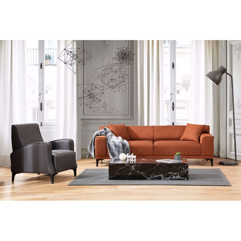 Élégant canapé 3 places, orange, 84,6 x 34,3 x 33,9 pouces | Structure en bois de hêtre et en carton, tissu 100% polyester | Coussins fixes confortables avec mousse et plumes | Comprend 2 coussins décoratifs | Parfait pour les salons modernes
