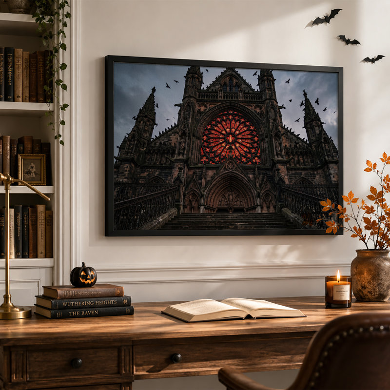 Cathédrale gothique avec fenêtre rose rouge et toile murale d'Halloween volante, H 20 po x l 30 po
