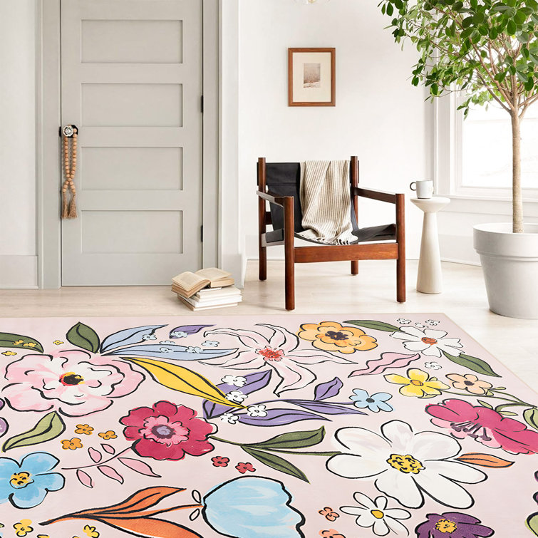 Large Oriental Floral Living Room Rug Washable Bedroom Rug Non-Slip Colorful Vintage Accent Floor Carpet For Home Decor