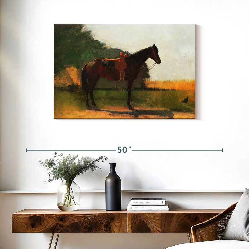 Cheval de selle dans une cour de ferme, H 24 po x l 36 po