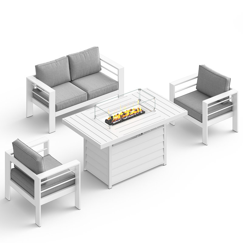 Brandtley 4 - Person Outdoor Seating Group with Cushions and 55' Fire Pit Table, White
