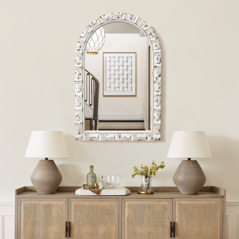 36'' Arched White Distressed Wall Mirror, Rectangular Accent Mirror
