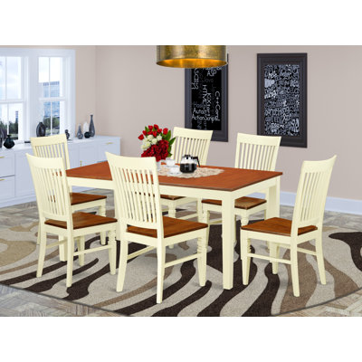 7 Piece Dining Table Set Consist of a Rectangle Wooden Table with Butterfly Leaf and 6 Dining Room Chairs, Buttermilk & Cherry