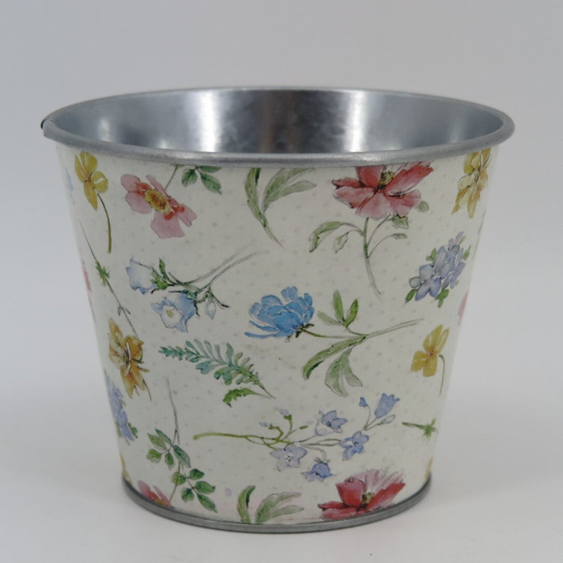 Spring Flowers On White Metal Planter, 4.25" H x 5" W x 5" D