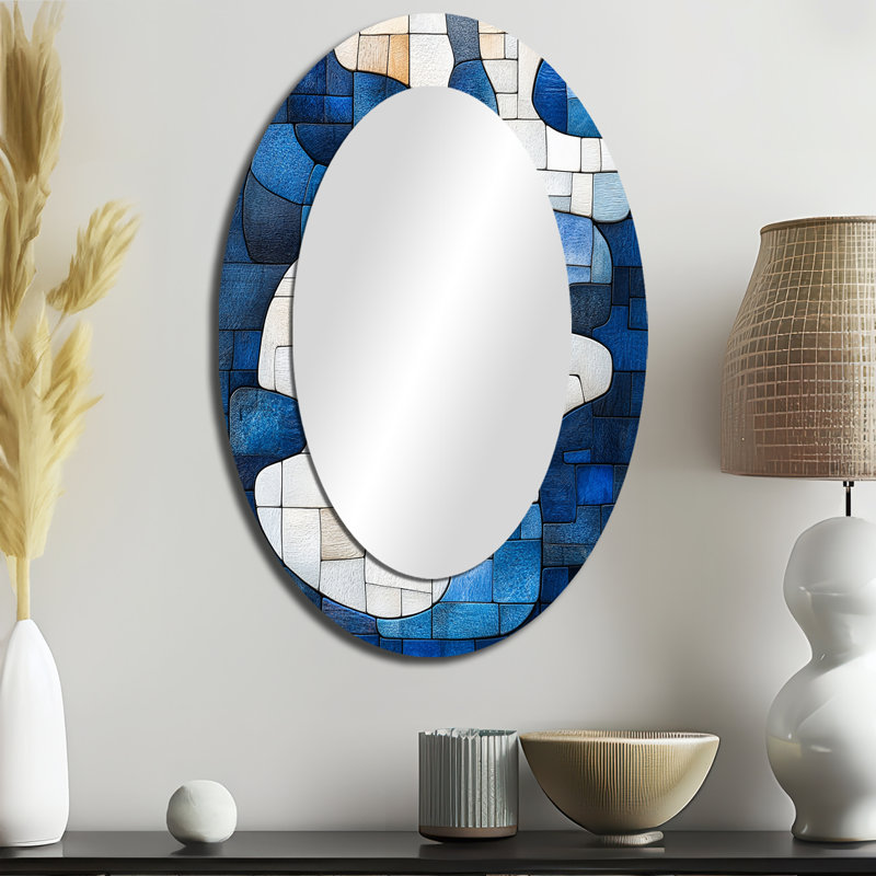 Canadian Inuit Art In Blue And White Tones - Blue Oval Wall Mirror Decor, 36" x 24"