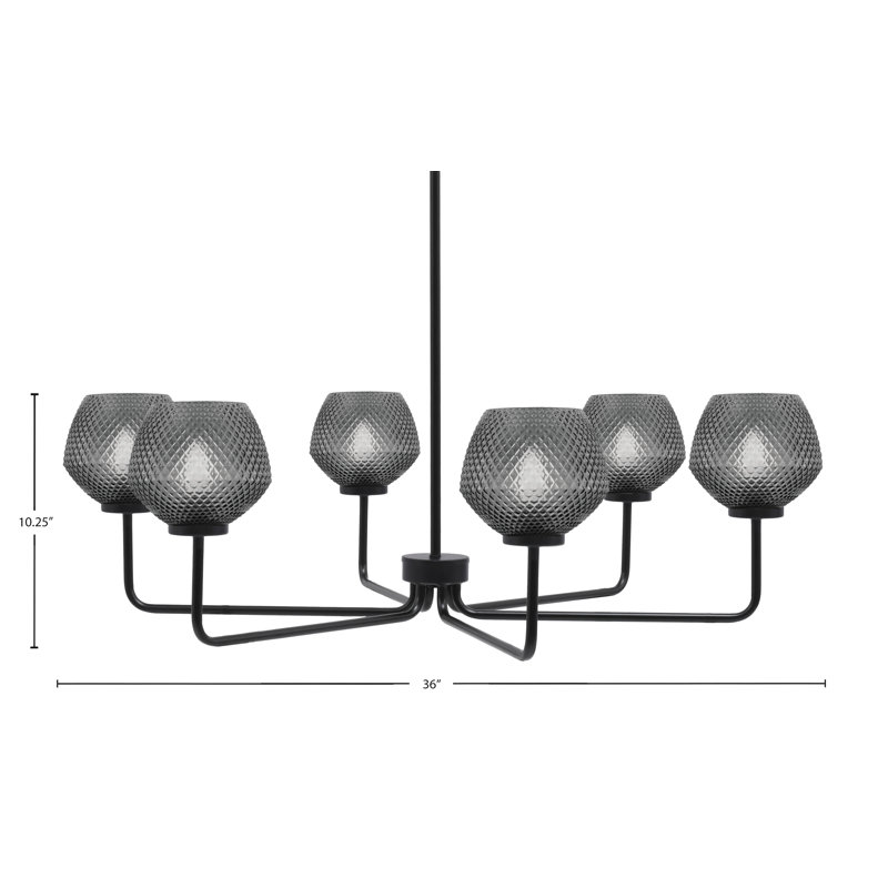 Lustre 6 lumières Amarmula, finition noir mat, verre texturé fumée 6 ", Transparent/noir, Noir