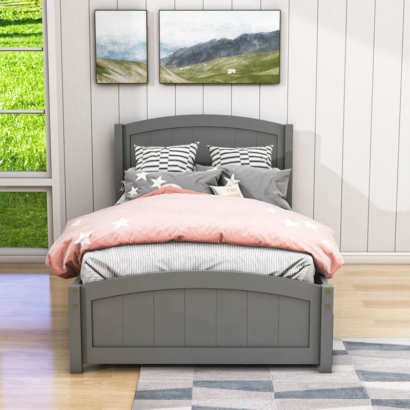 Twin Size 2 Drawers Wood Platform Bed with Headboard, Gray