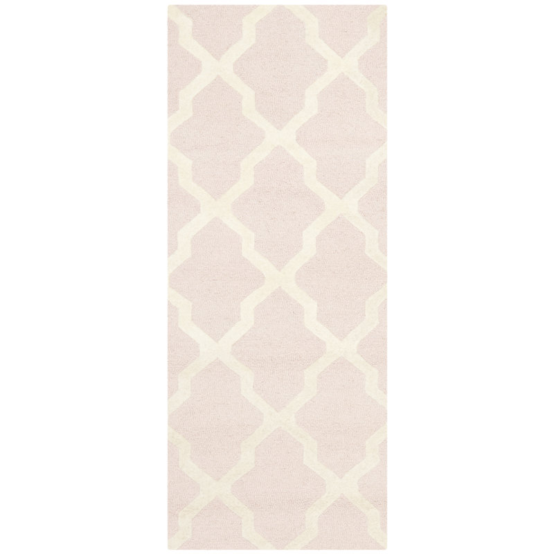 Cannen Hand Tufted Wool Geometric Rug, Runner 2'6" x 10', Ivory/Light Pink