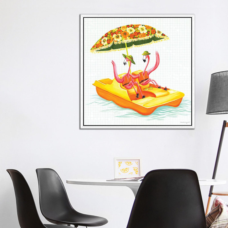 Flamingos Pedal Boat by Amélie Legault - Painting on Canvas, 93.98cm H x 93.98cm W x 3.81cm D, White Floater Framed