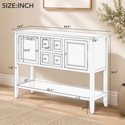 Grande console de rangement rétro Cambridge Series avec quatre petits tiroirs et une tablette inférieure pour les salons, les entrées et les cuisines