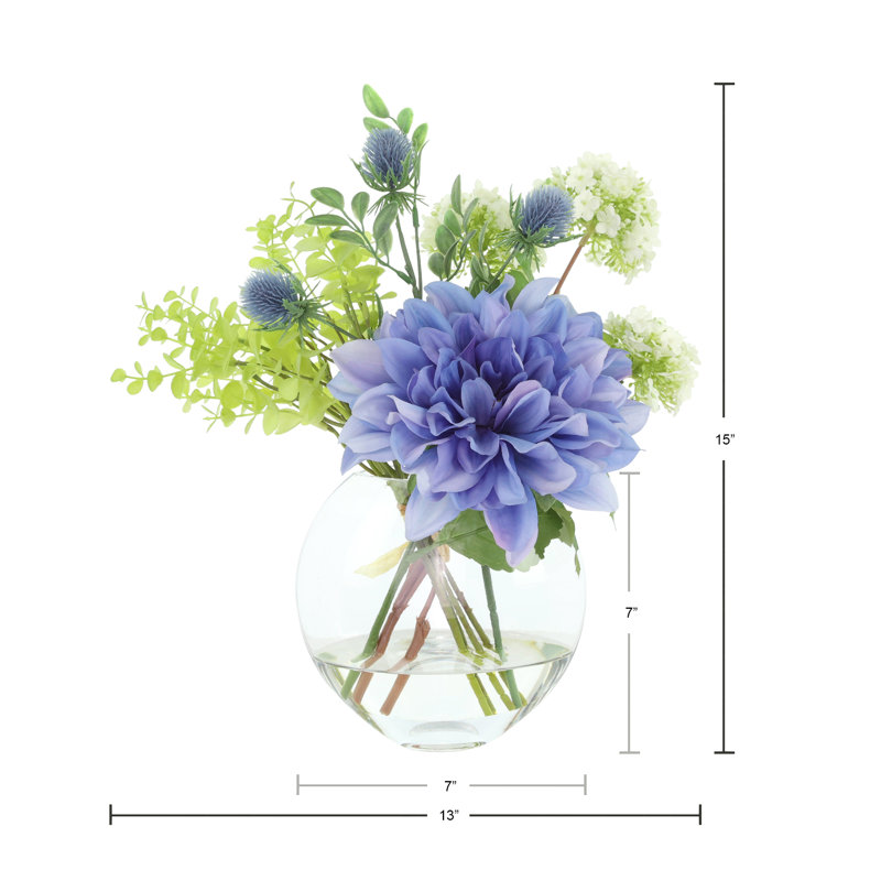 Dahlias and Eucalyptus Centerpiece in Vase, Blue