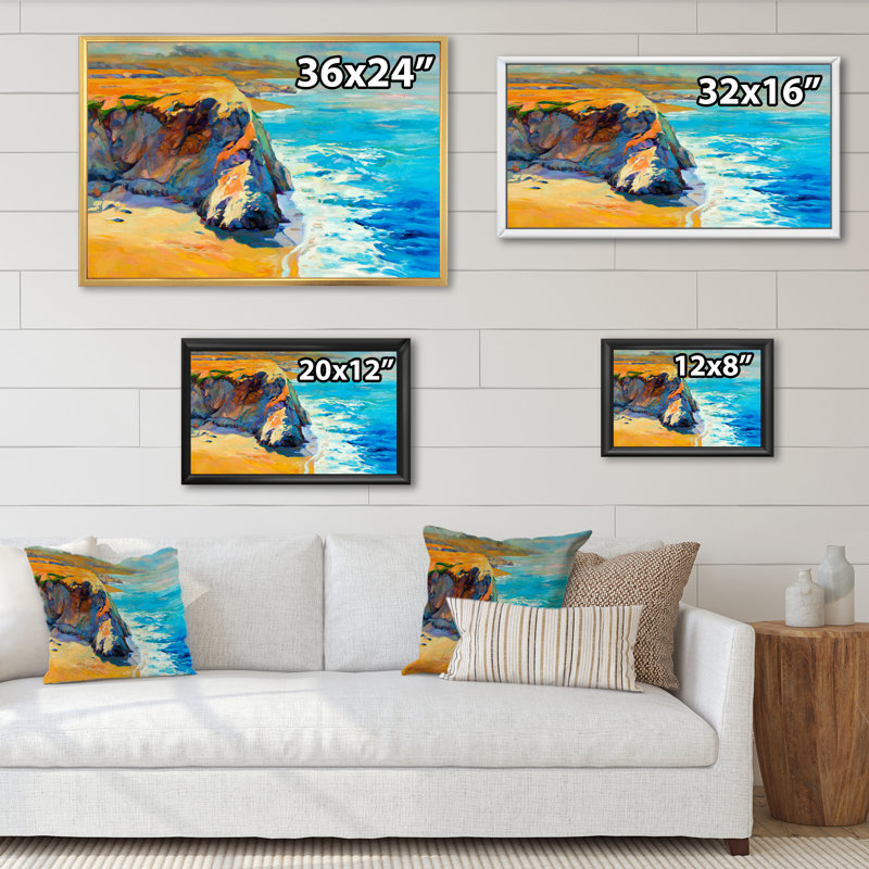 «Colorful Blue Ocean And Orange Cliff», reproduction d'art sur toile, H 8 po x l 12 po x P 1 po, Cadre flottant blanc