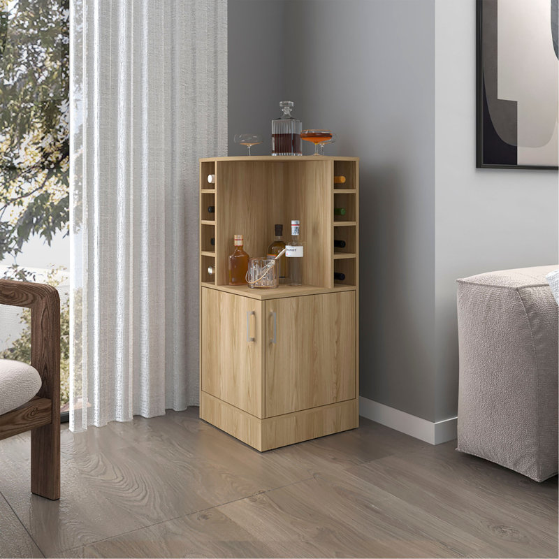 Bar de coin Toyei avec porte-bouteilles, tablettes ouvertes et rangement caché, Bois naturel