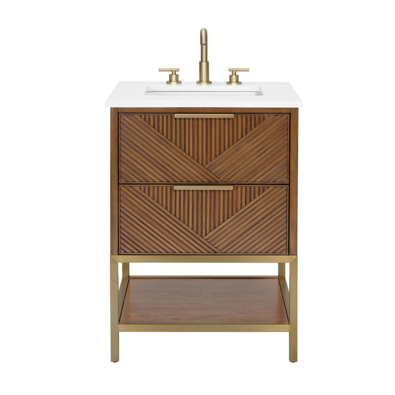 Diamond 24 in. Single Vanity, White Quartz, Walnut, Satin Brass