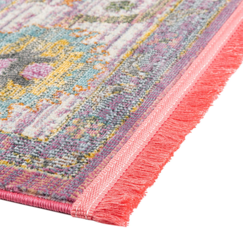 Tapis oriental rose / ivoire / bleu sarcelle / jaune Haefner, Rectangle 6 pi x 9 pi
