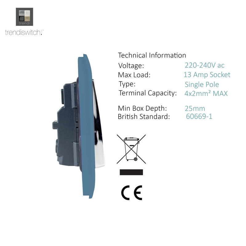 Trendi Switch 2 Gang Long Switched Plug Socket, Sky