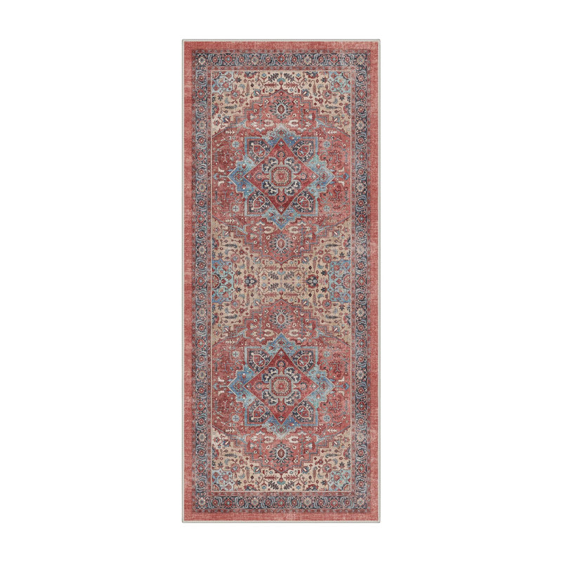 Tapis de couloir oriental rouge / bleu lavable à la machine avec envers antidérapant, Tapis de couloir 2 pi x 6 pi