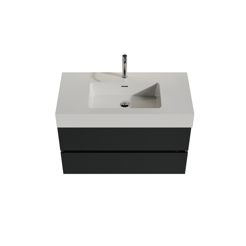 Meuble-lavabo de 36 po en noyer avec lavabo à surface solide blanc brillant et tiroirs noirs doux, salle de bain murale flottante