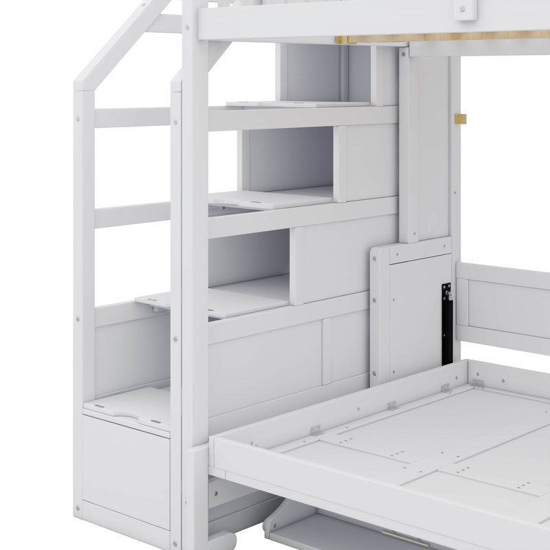 Lit mezzanine double surélevé avec marches de rangement et lit escamotable standard, éclairé par des lumières DEL