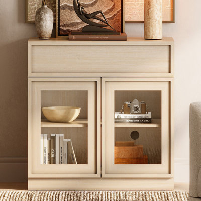 Modern Accent Cabinet with 2 Glass Doors and Drawer, Multifunctional Accent Chest with Large Storage and Adjustable Shelf