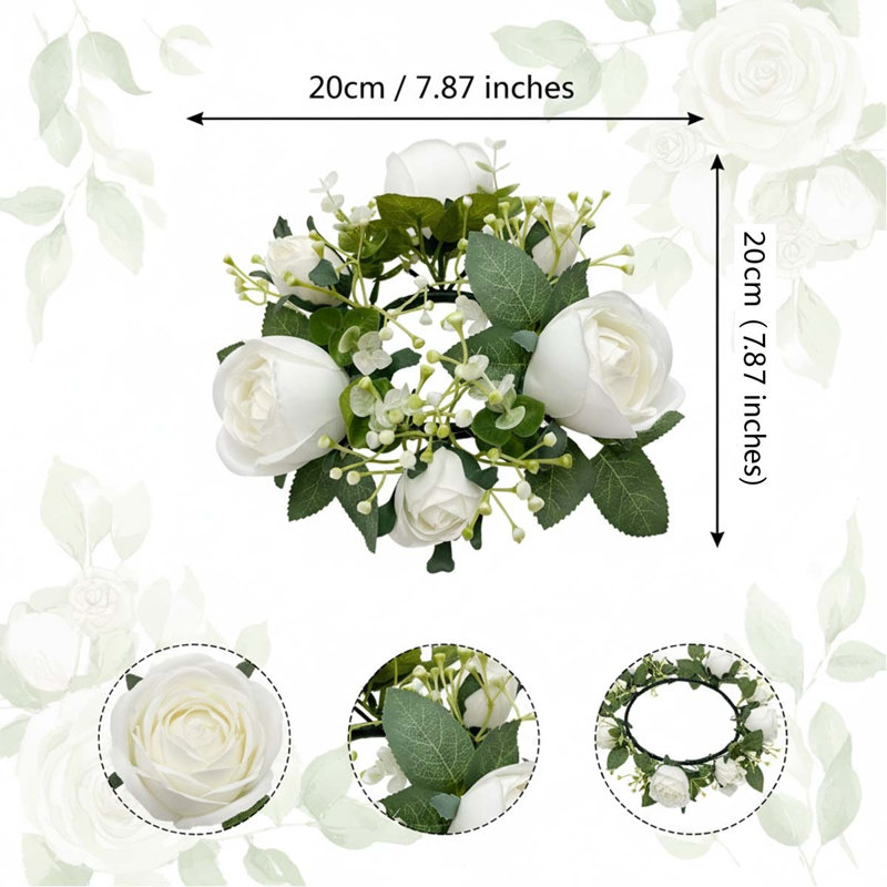 4 pièces de bagues de bougie d'eucalyptus artificiel rose couronne de mariage et table de douche de mariage, White