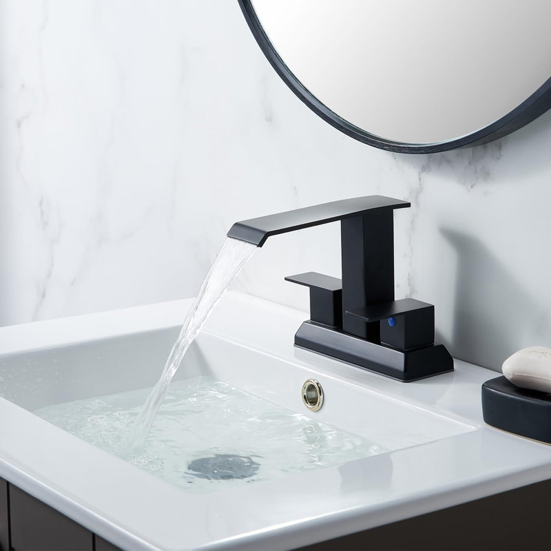 Robinet de salle de bain noir à cascade 4 pouces, 2 poignées et 3 trous noir mat, robinet de lavabo de lavabo avec bonde escamotable et tuyaux d'alimentation