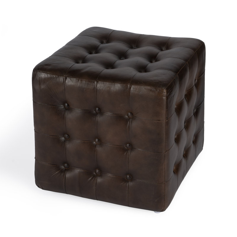 Leon Button Tufted Leather Ottoman, Dark Brown Genuine Leather