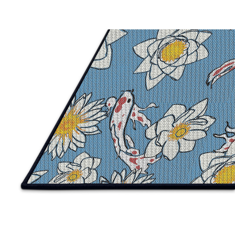Laine tissée à la machine florale et polyester bleu/jaune/blanc Tapis décoratif, Rectangle 8 pi x 10 pi