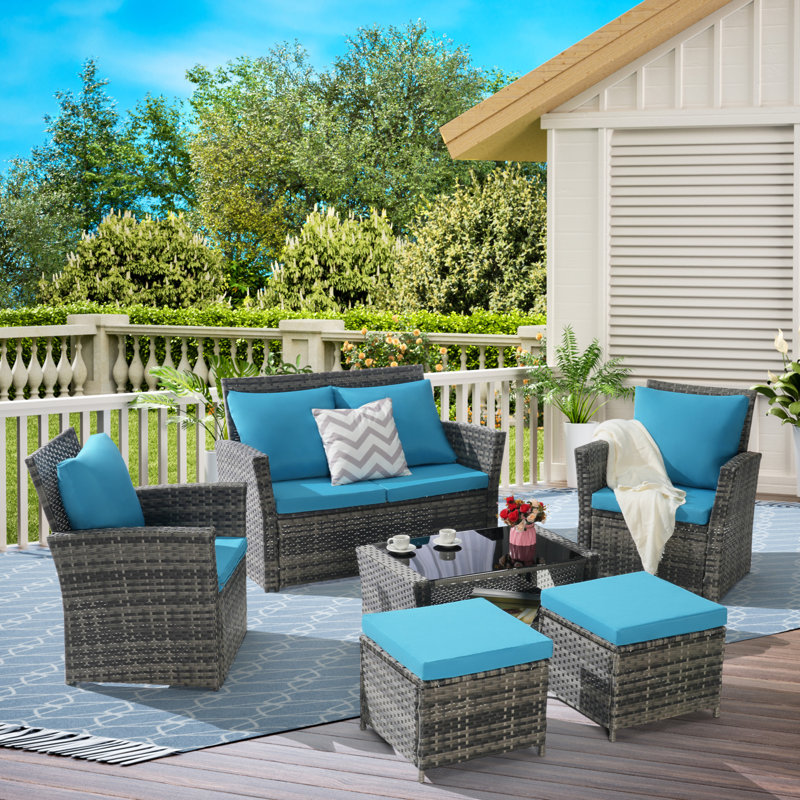 6 Piece Wicker Patio Furniture Sets With Ottoman & Tempered Glass Coffee Table, Light Blue