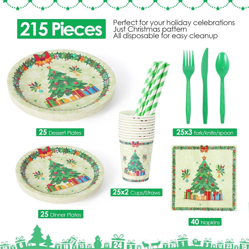 Ensemble de 215 assiettes et serviettes de Noël, ensemble de vaisselle jetable pour arbre de Noël Serve 25
