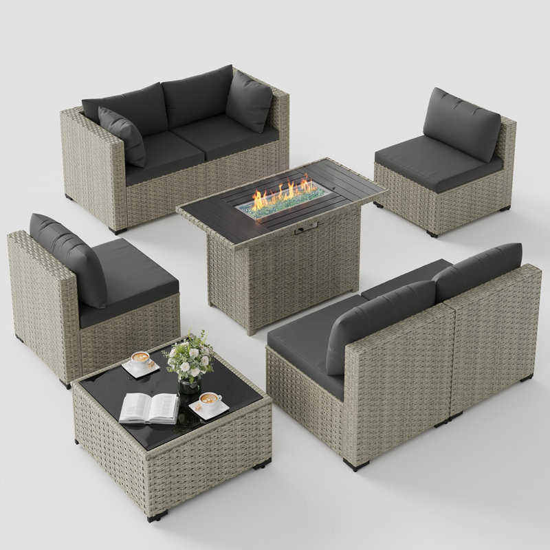 Ensemble de canapé modulaire d'extérieur en osier 8 pièces avec coussins confortables, Black