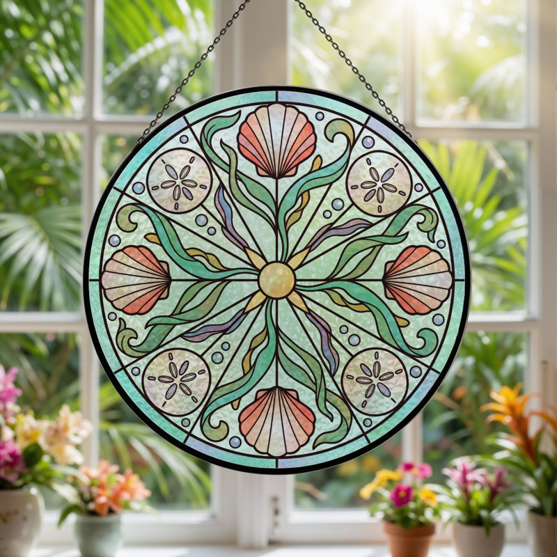 Panneau de vitrail en verre coloré Seashell Sanddollar - 7,8H, H 7,8 po